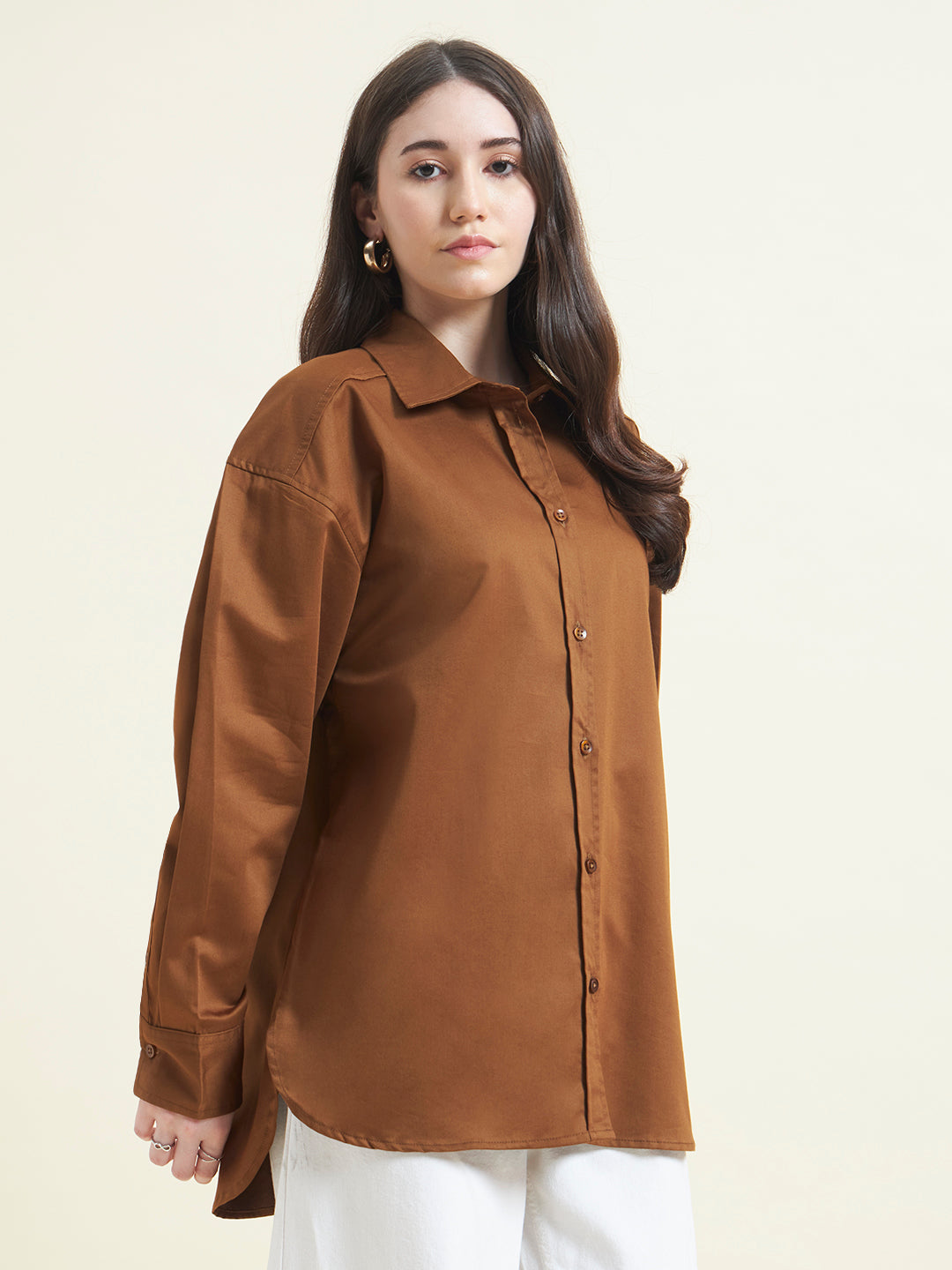 Beatnik Women Tan Oversized Poplin Full Sleeve Office Wear Formal Shirt