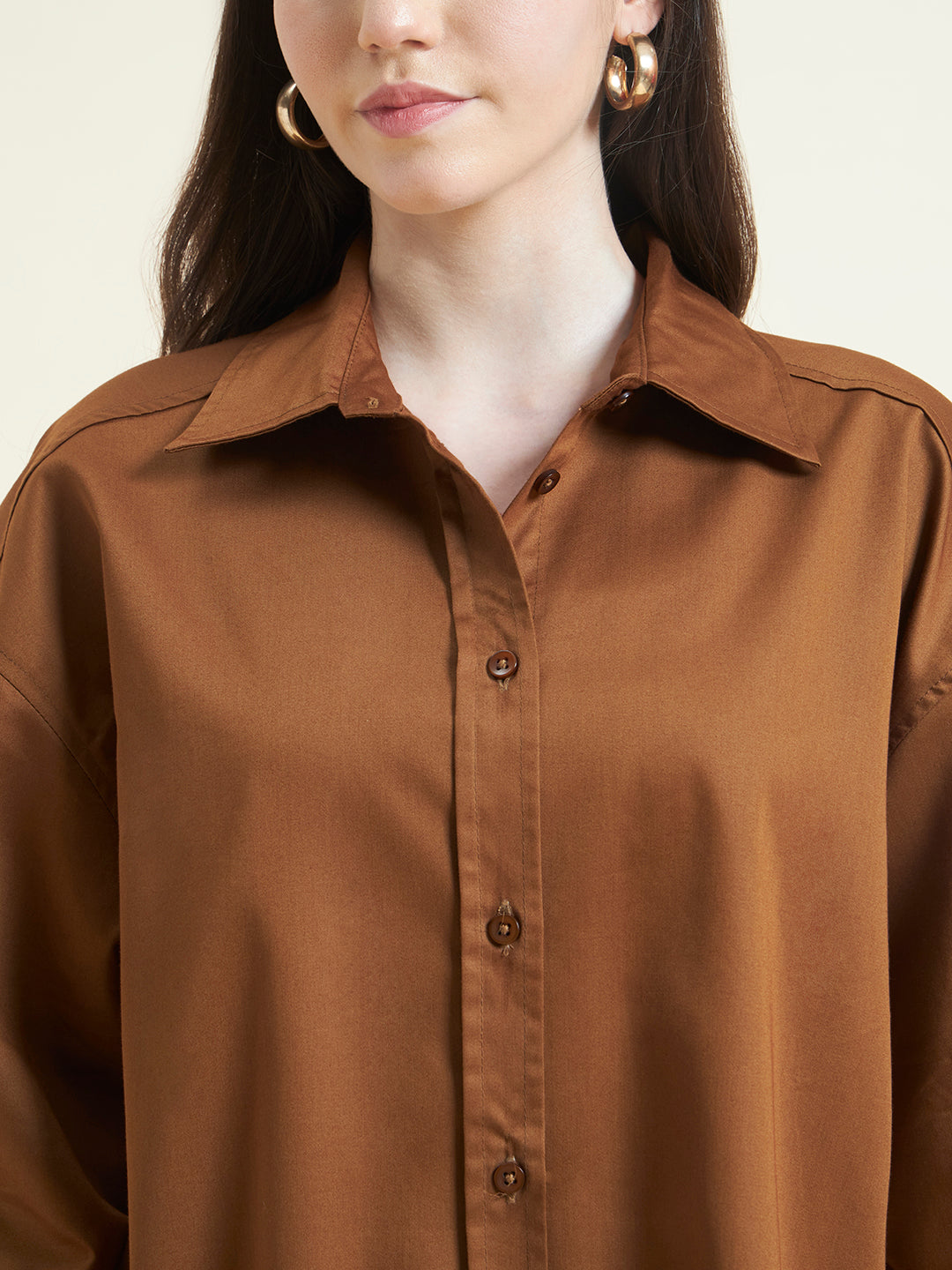 Beatnik Women Tan Oversized Poplin Full Sleeve Office Wear Formal Shirt