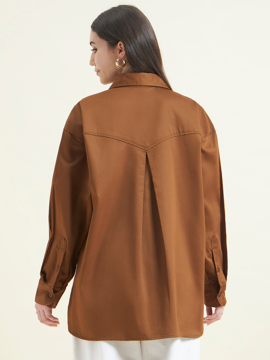 Beatnik Women Tan Oversized Poplin Full Sleeve Office Wear Formal Shirt