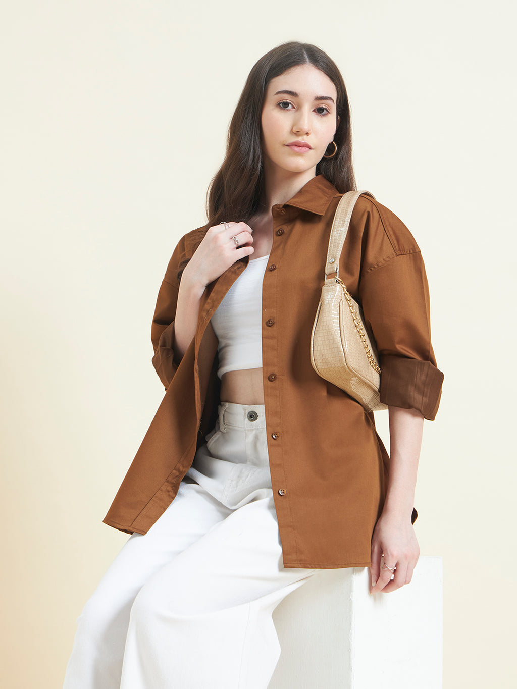 Beatnik Women Tan Oversized Poplin Full Sleeve Office Wear Formal Shirt