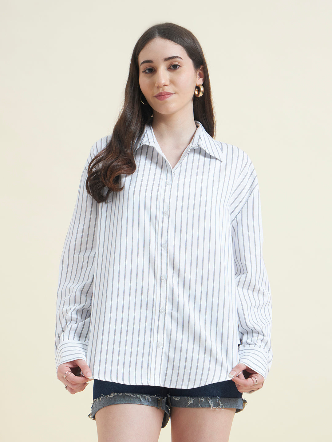 Beatnik Women White Tencel Striped Full Sleeve Casual Straight Fit Western Shirt