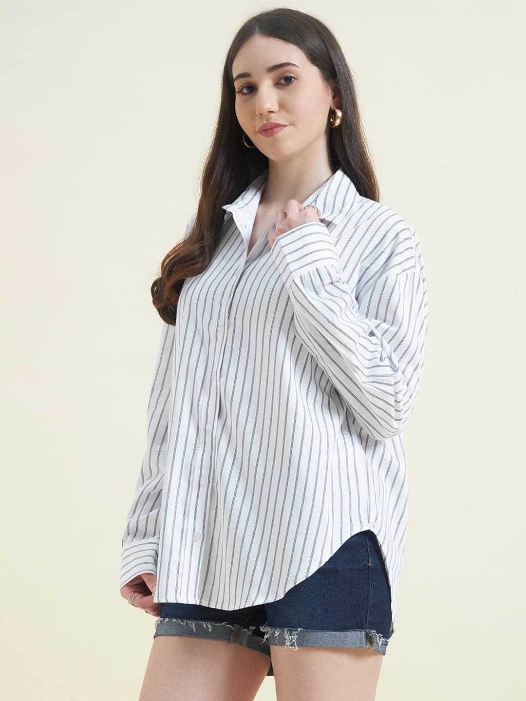 Beatnik Women White Tencel Striped Full Sleeve Casual Straight Fit Western Shirt