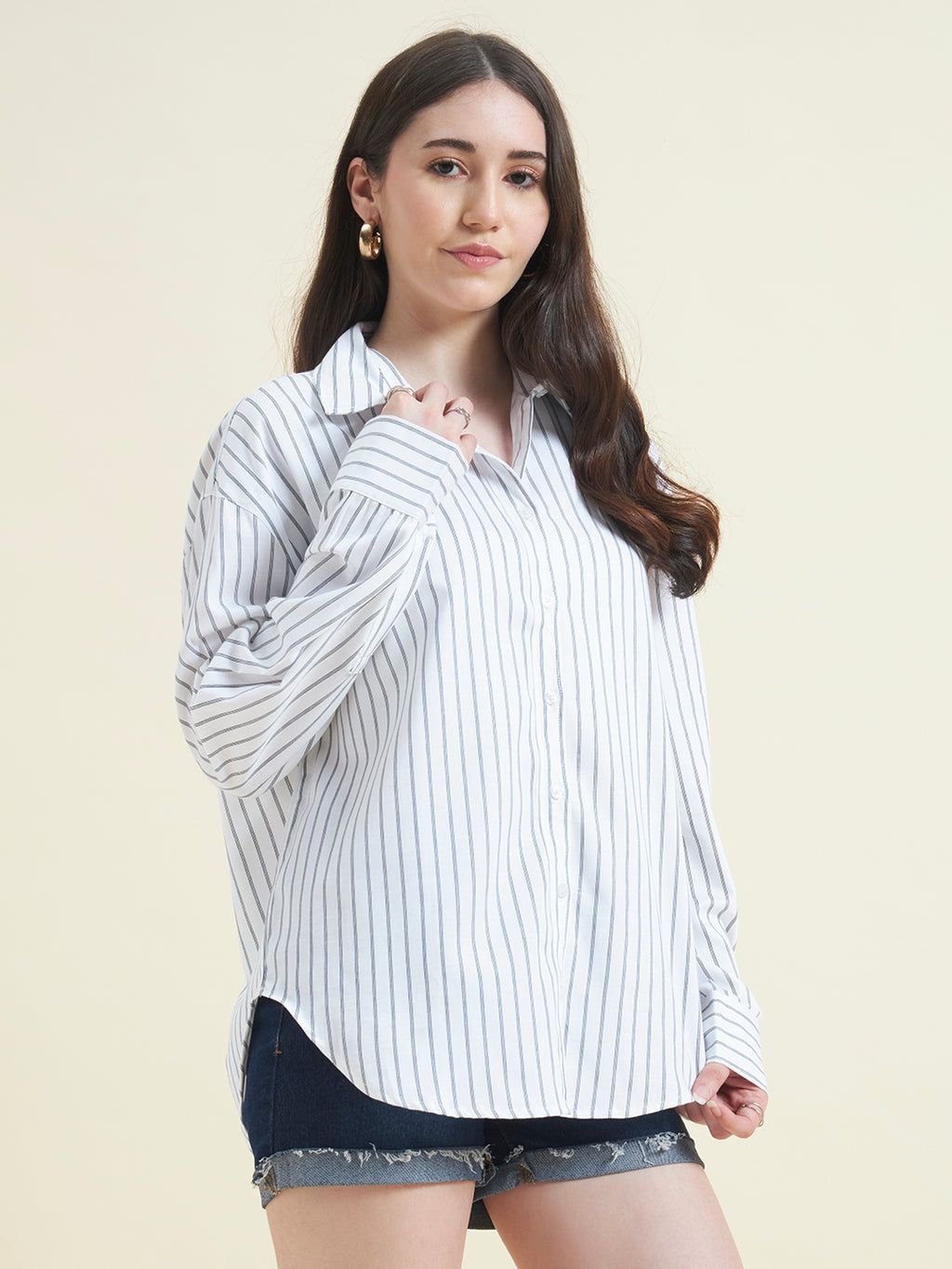 Beatnik Women White Tencel Striped Full Sleeve Casual Straight Fit Western Shirt
