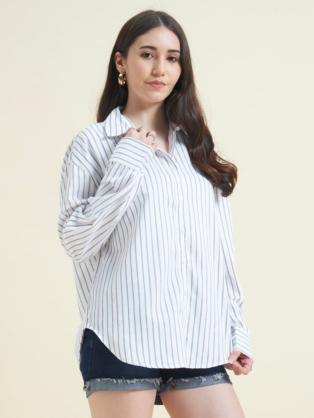 Beatnik Women White Tencel Striped Full Sleeve Casual Straight Fit Western Shirt