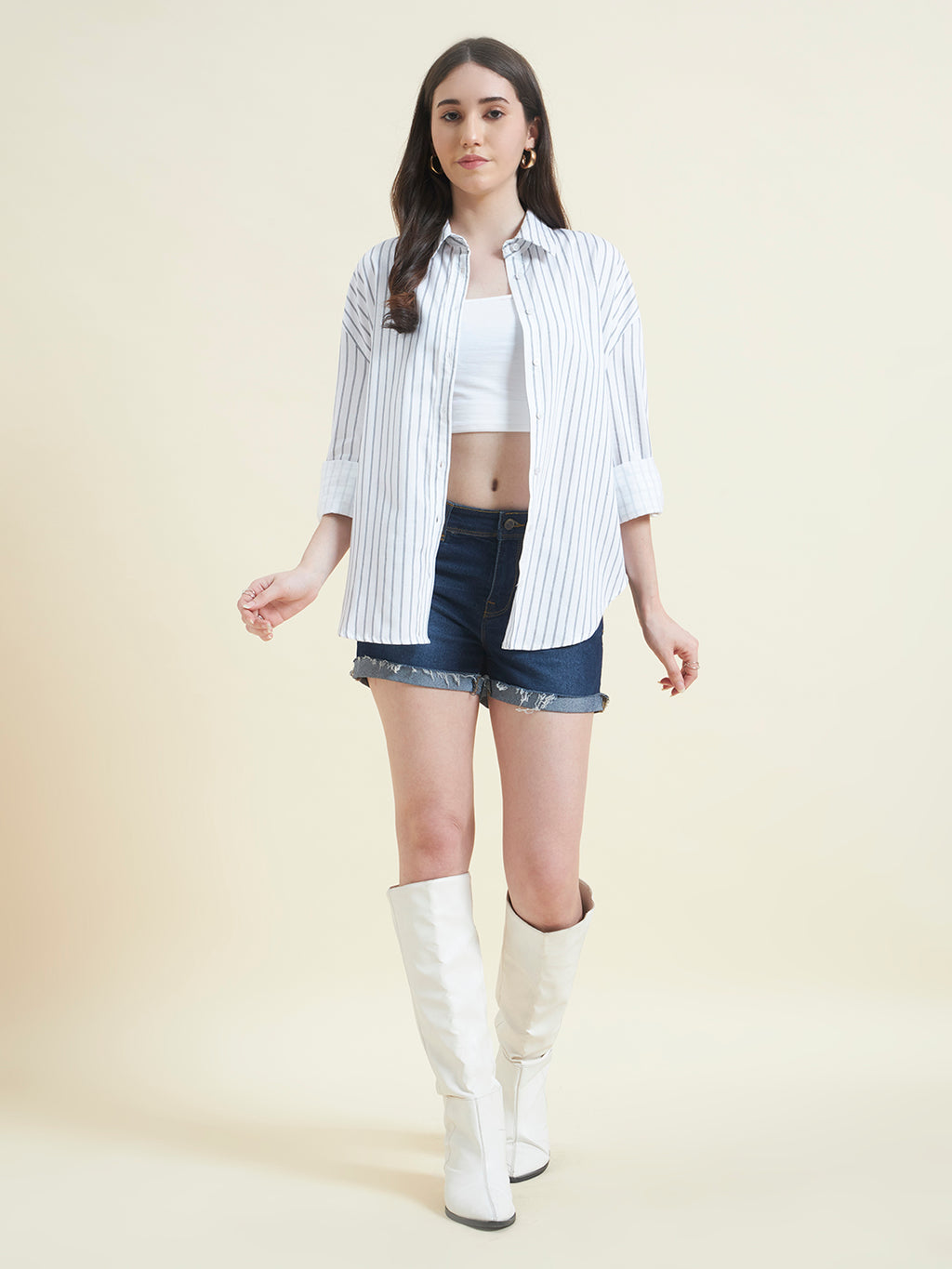 Beatnik Women White Tencel Striped Full Sleeve Casual Straight Fit Western Shirt