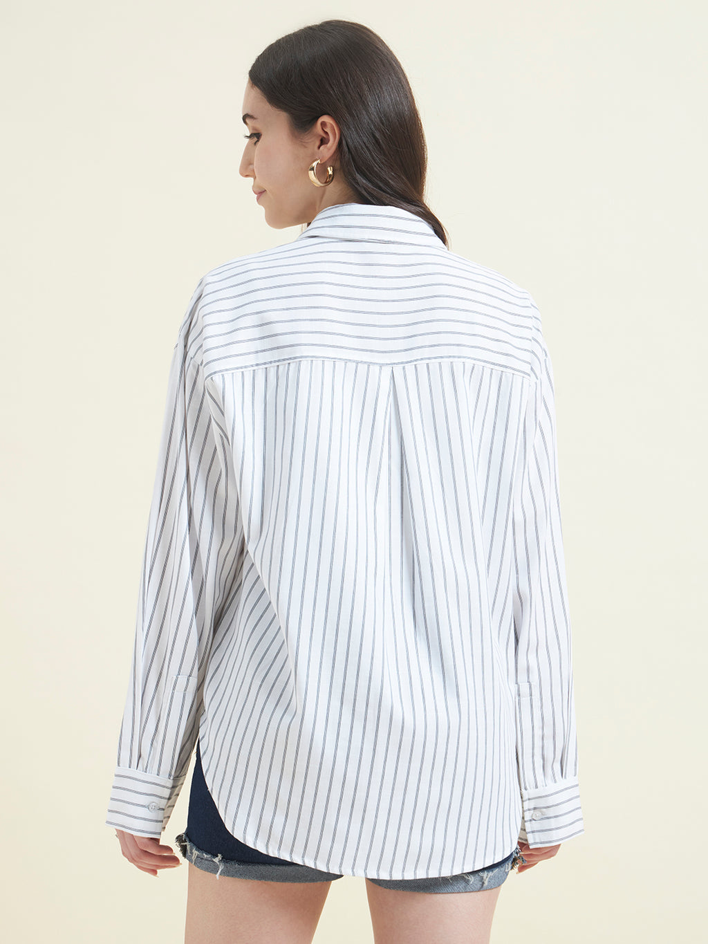Beatnik Women White Tencel Striped Full Sleeve Casual Straight Fit Western Shirt