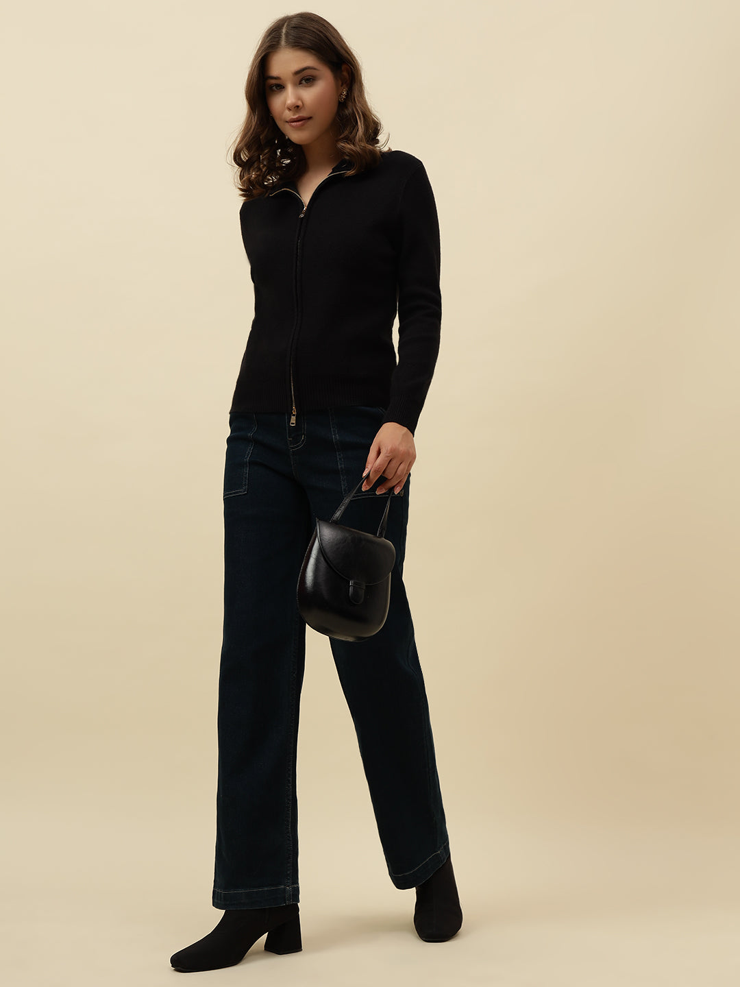 Cardigan Black High Neck Full Sleeve Sweaters Beatnik