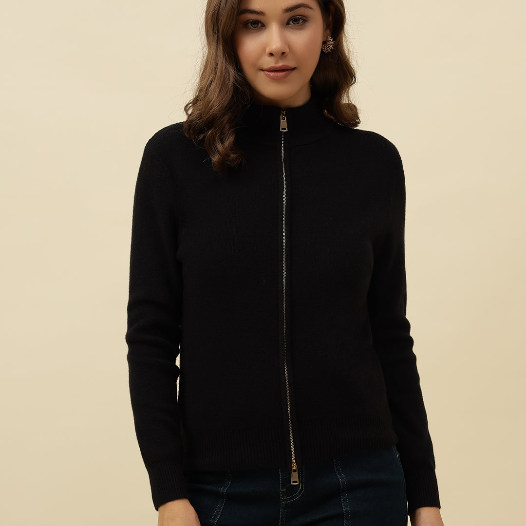 Cardigan Black High Neck Full Sleeve Sweaters Beatnik
