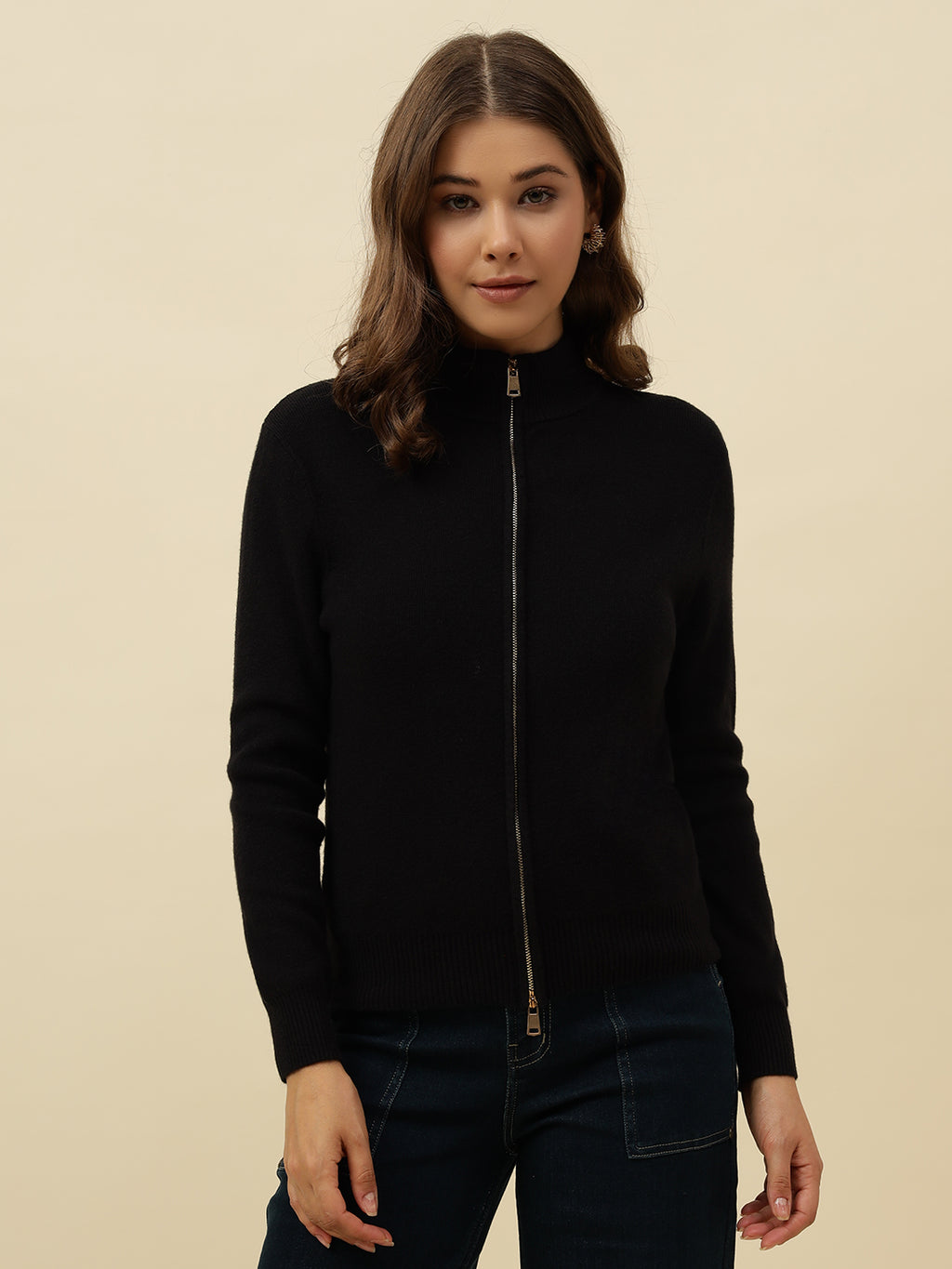 Cardigan Black High Neck Full Sleeve Sweaters Beatnik