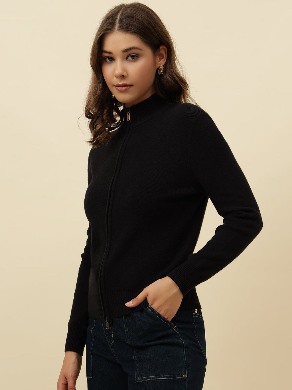 Cardigan Black High Neck Full Sleeve Sweaters