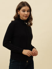 Cardigan Black High Neck Full Sleeve Sweaters Beatnik