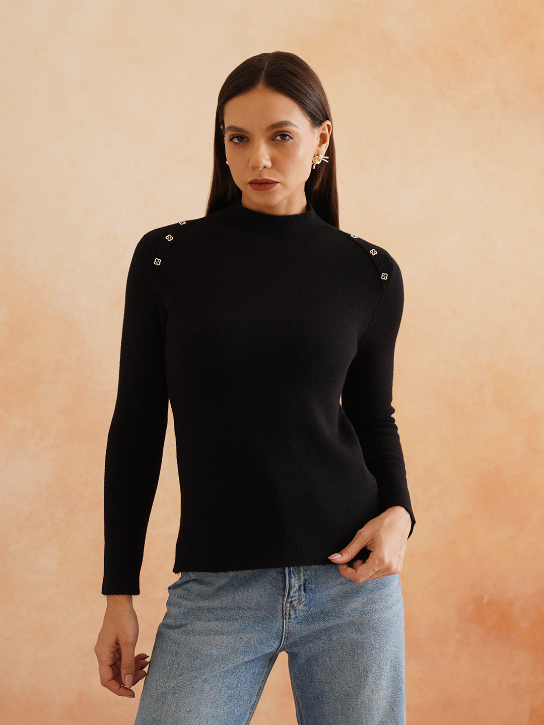 Cozy Turtle Neck Acrylic Black Sweater for Women Beatnik