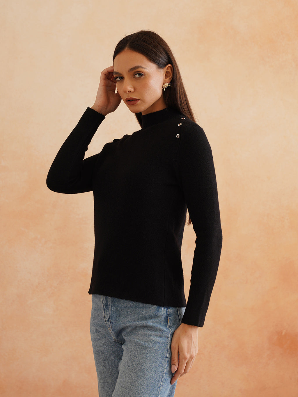 Cozy Turtle Neck Acrylic Black Sweater for Women Beatnik