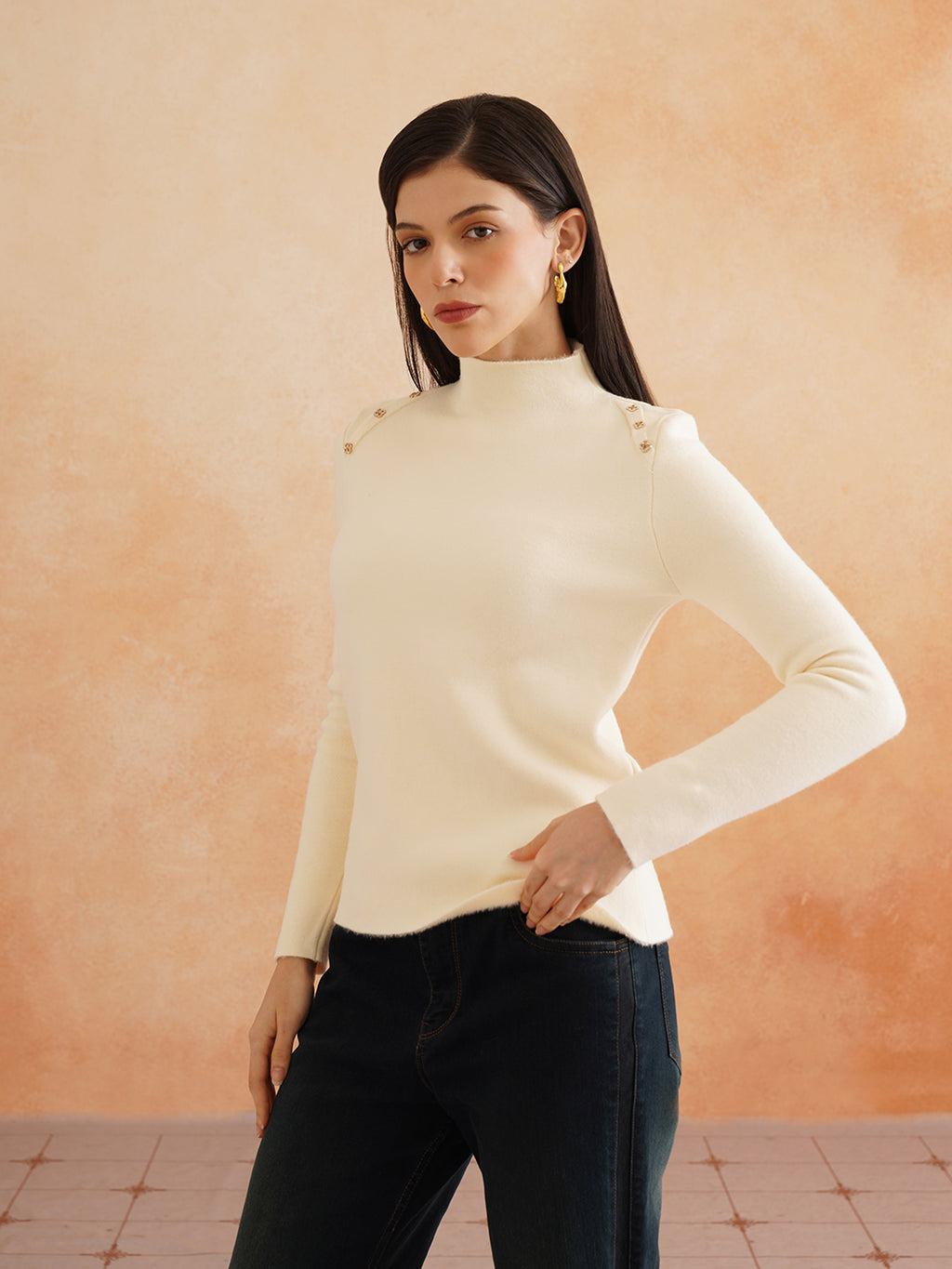 Cozy Turtle Neck Acrylic Off White Sweater for Women Beatnik