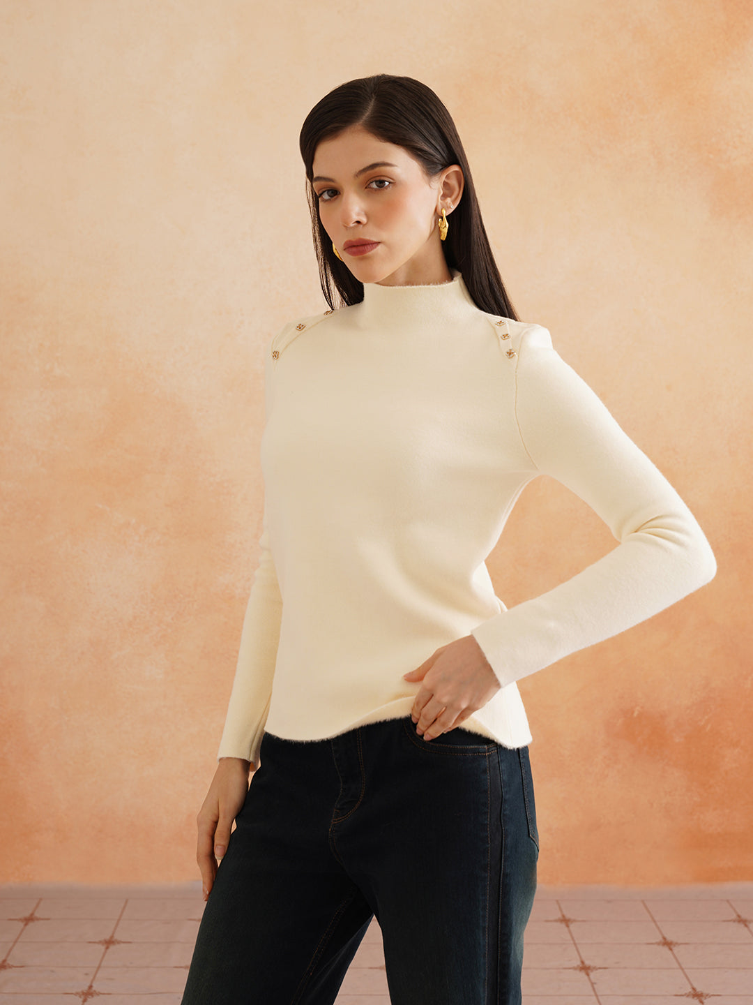 Cozy Turtle Neck Acrylic Off White Sweater for Women Beatnik