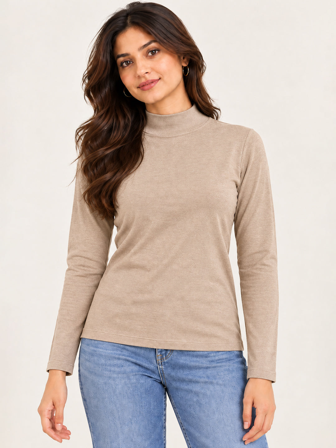 Women’s Beige Full Sleeve High-Neck Sweater – Viscose Blend
