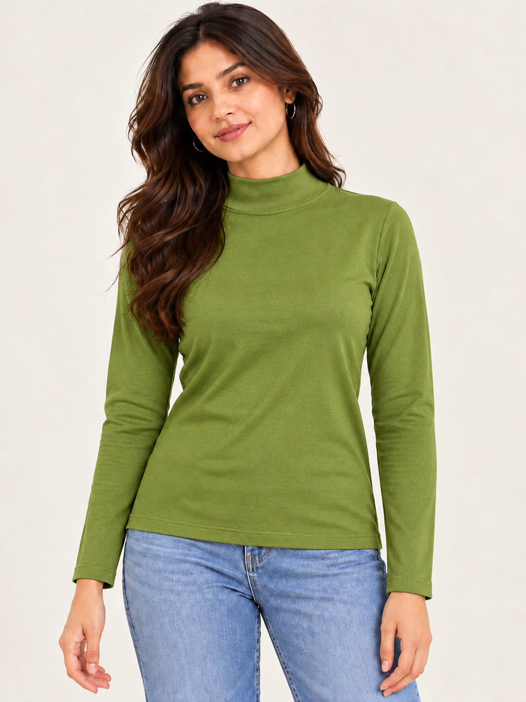 Women’s Green Full Sleeve High-Neck Sweater – Viscose Blend