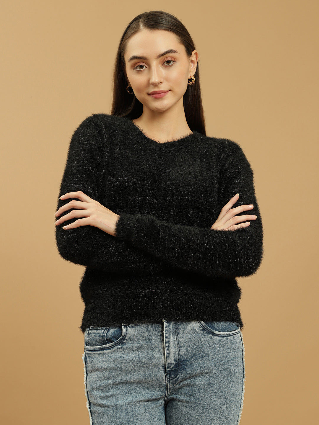 Beatnik Black Glitter Regular Full Sleeves Pull Over Women's Sweaters Beatnik India