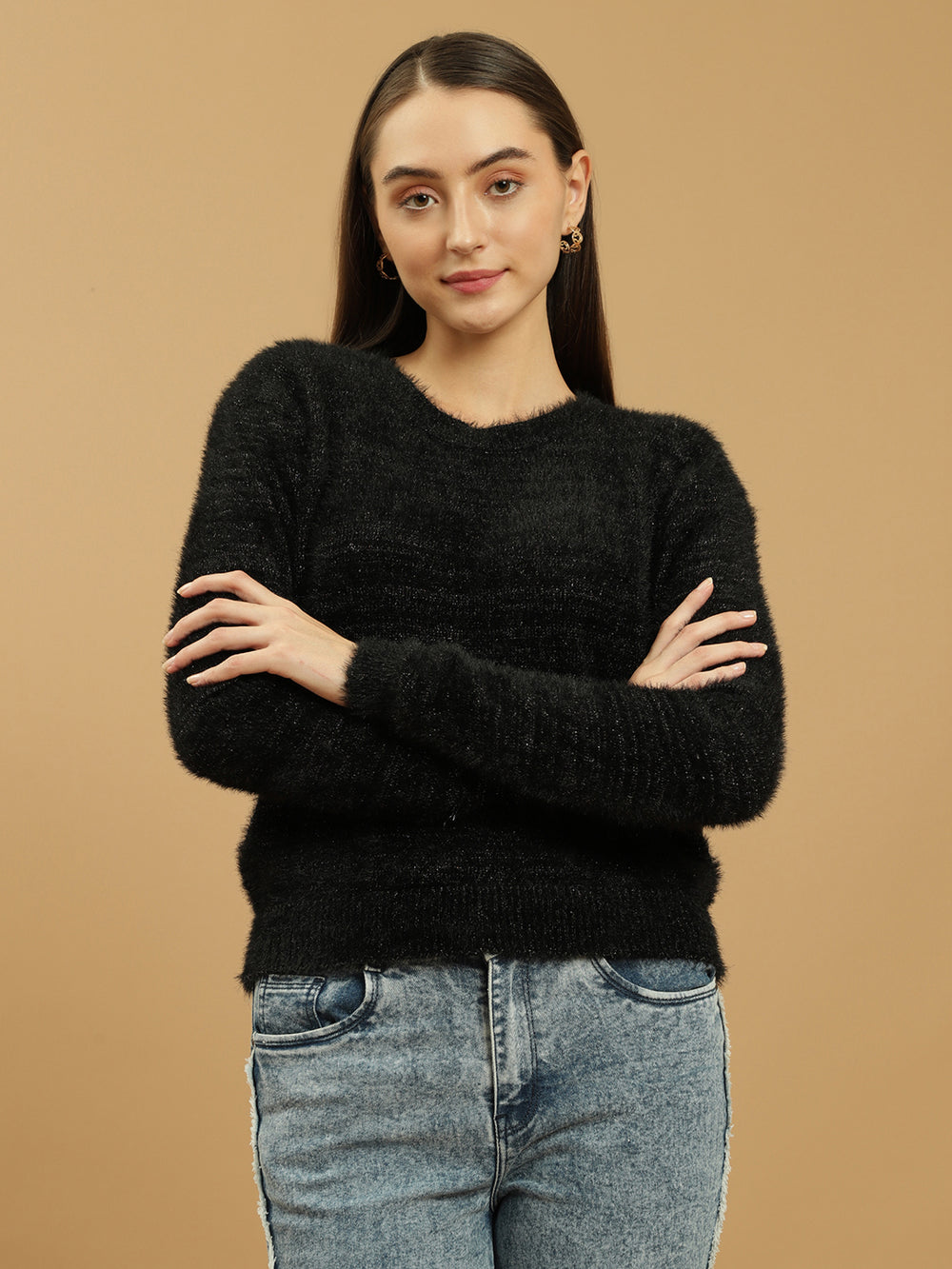 Beatnik Black Glitter Regular Full Sleeves Pull Over Women's Sweaters Beatnik India