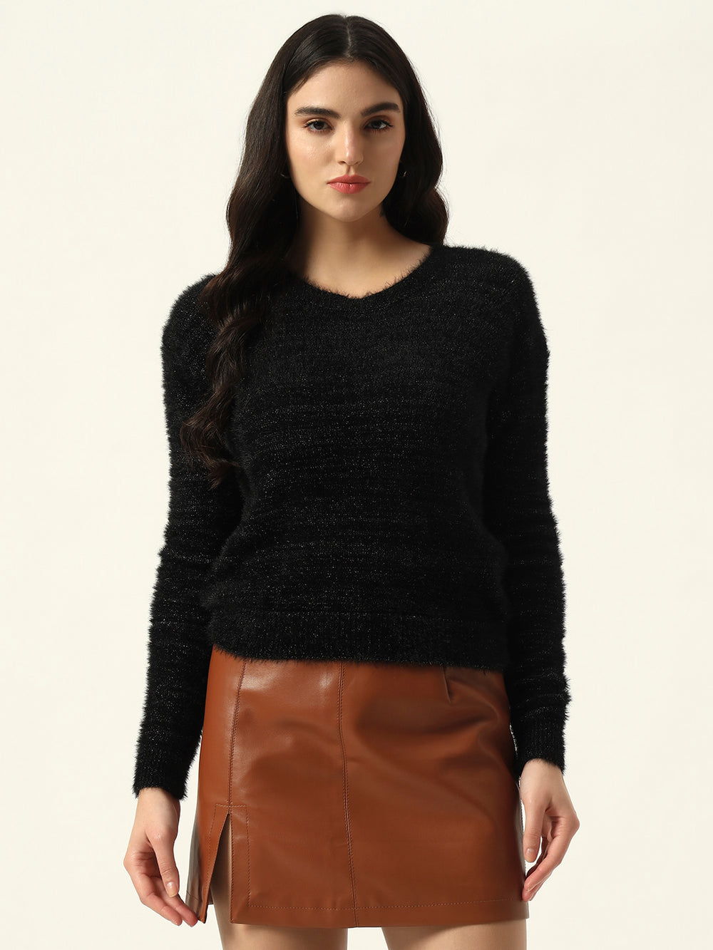 Beatnik Black Glitter Regular Full Sleeves Pull Over Women's Sweaters