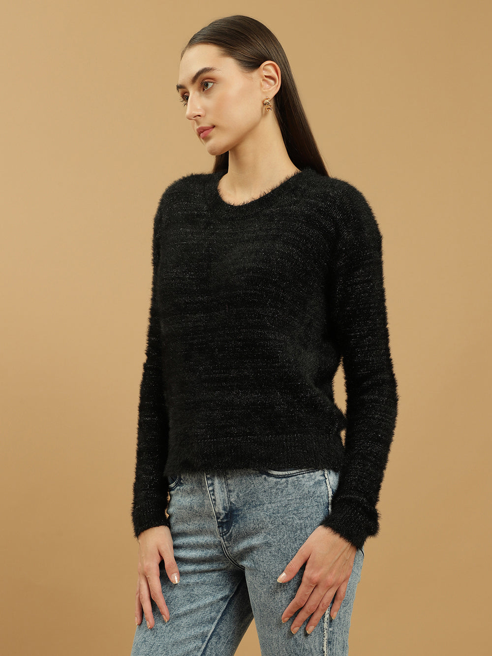 Beatnik Black Glitter Regular Full Sleeves Pull Over Women's Sweaters Beatnik India