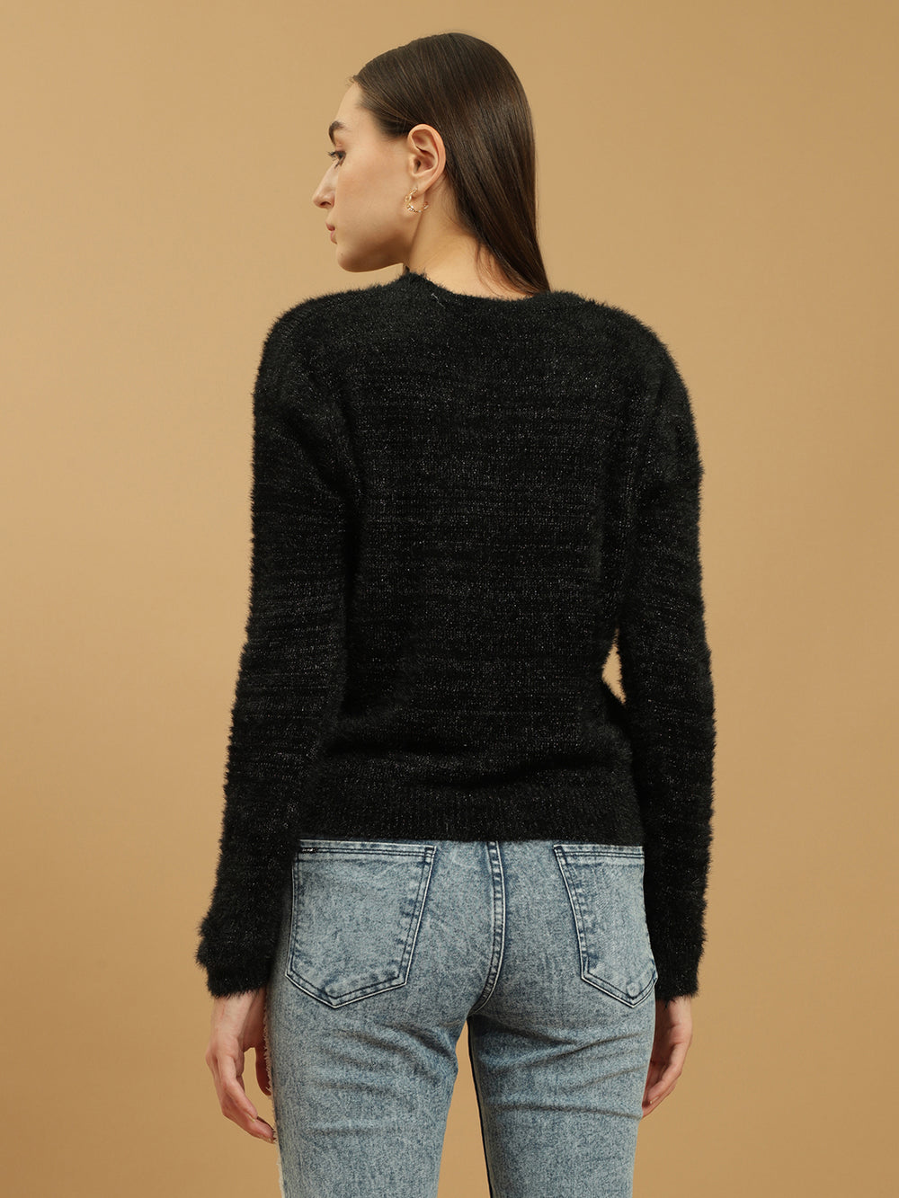 Beatnik Black Glitter Regular Full Sleeves Pull Over Women's Sweaters Beatnik India