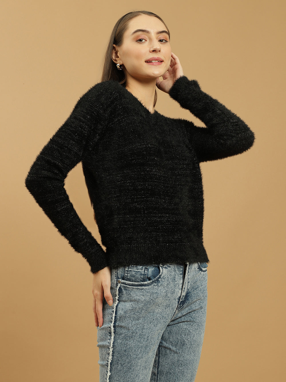 Beatnik Black Glitter Regular Full Sleeves Pull Over Women's Sweaters Beatnik India
