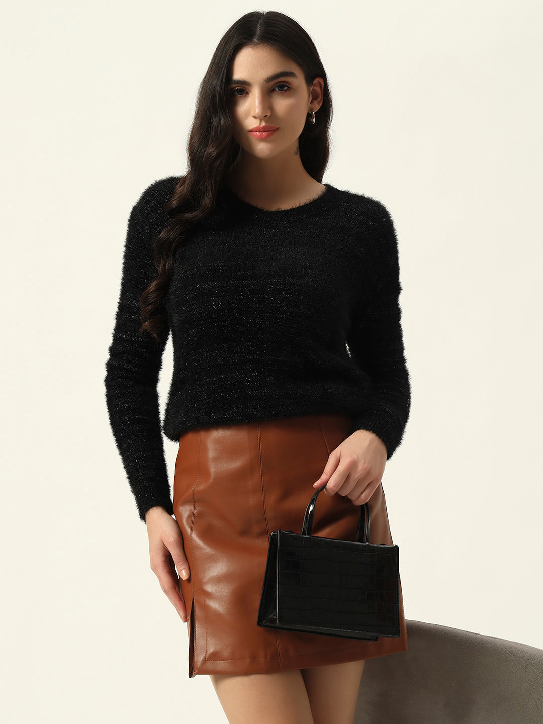 Beatnik Black Glitter Regular Full Sleeves Pull Over Women's Sweaters