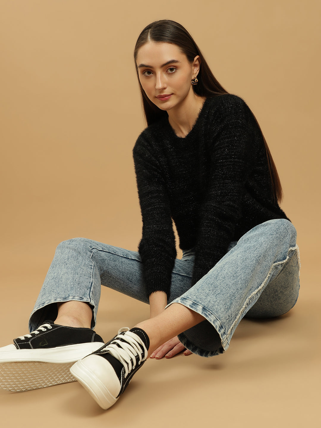 Beatnik Black Glitter Regular Full Sleeves Pull Over Women's Sweaters Beatnik India