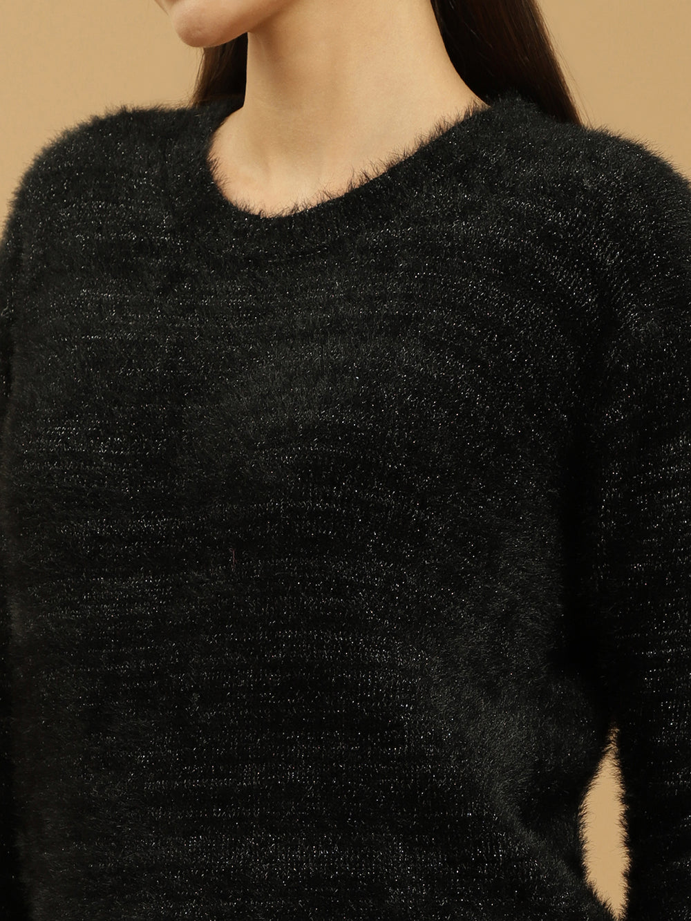 Beatnik Black Glitter Regular Full Sleeves Pull Over Women's Sweaters Beatnik India