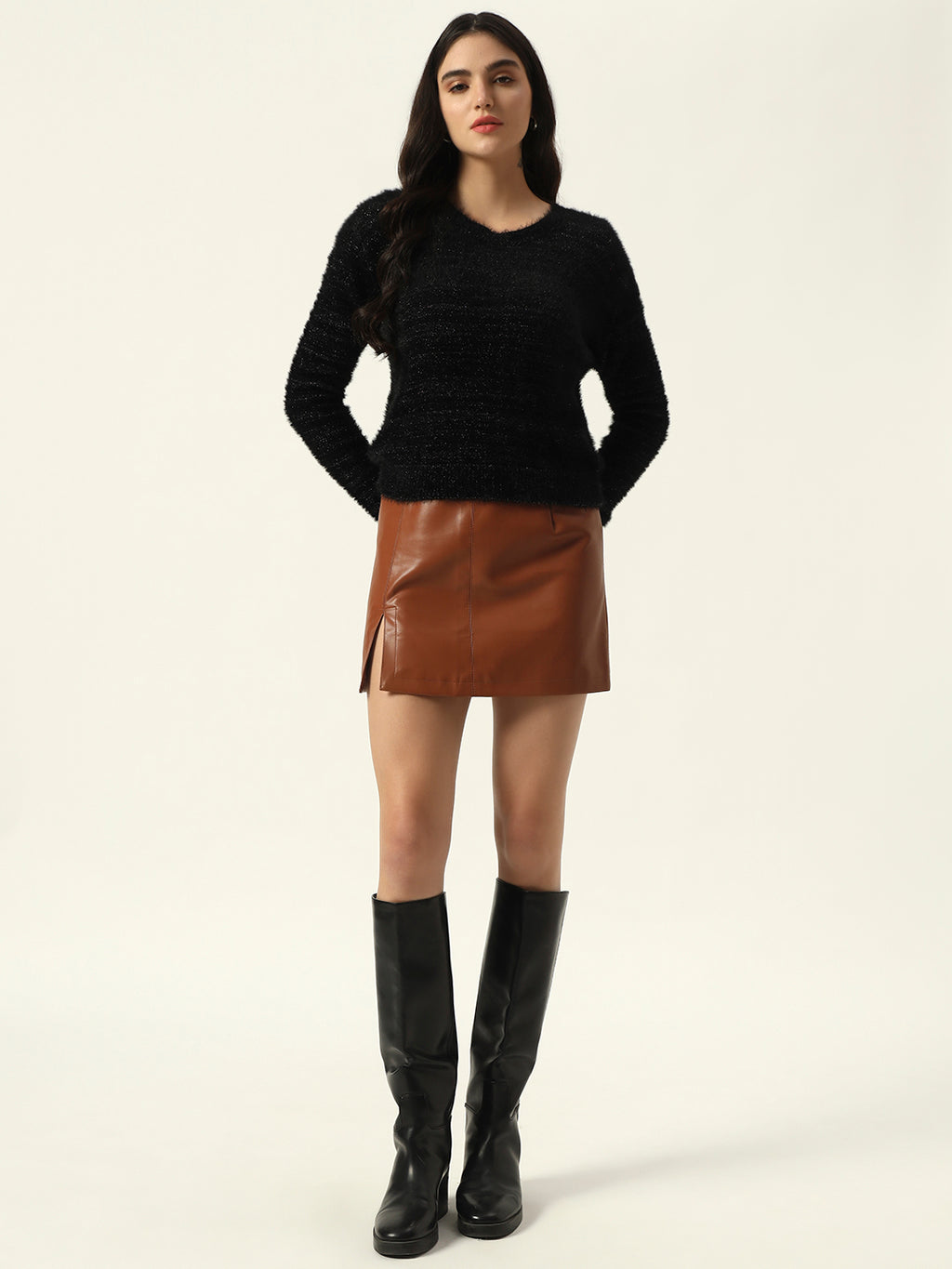 Beatnik Black Glitter Regular Full Sleeves Pull Over Women's Sweaters