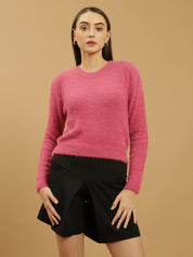 Beatnik Glitter Regular Full Sleeves Pull Over Women's Hot Pink Sweaters Beatnik India