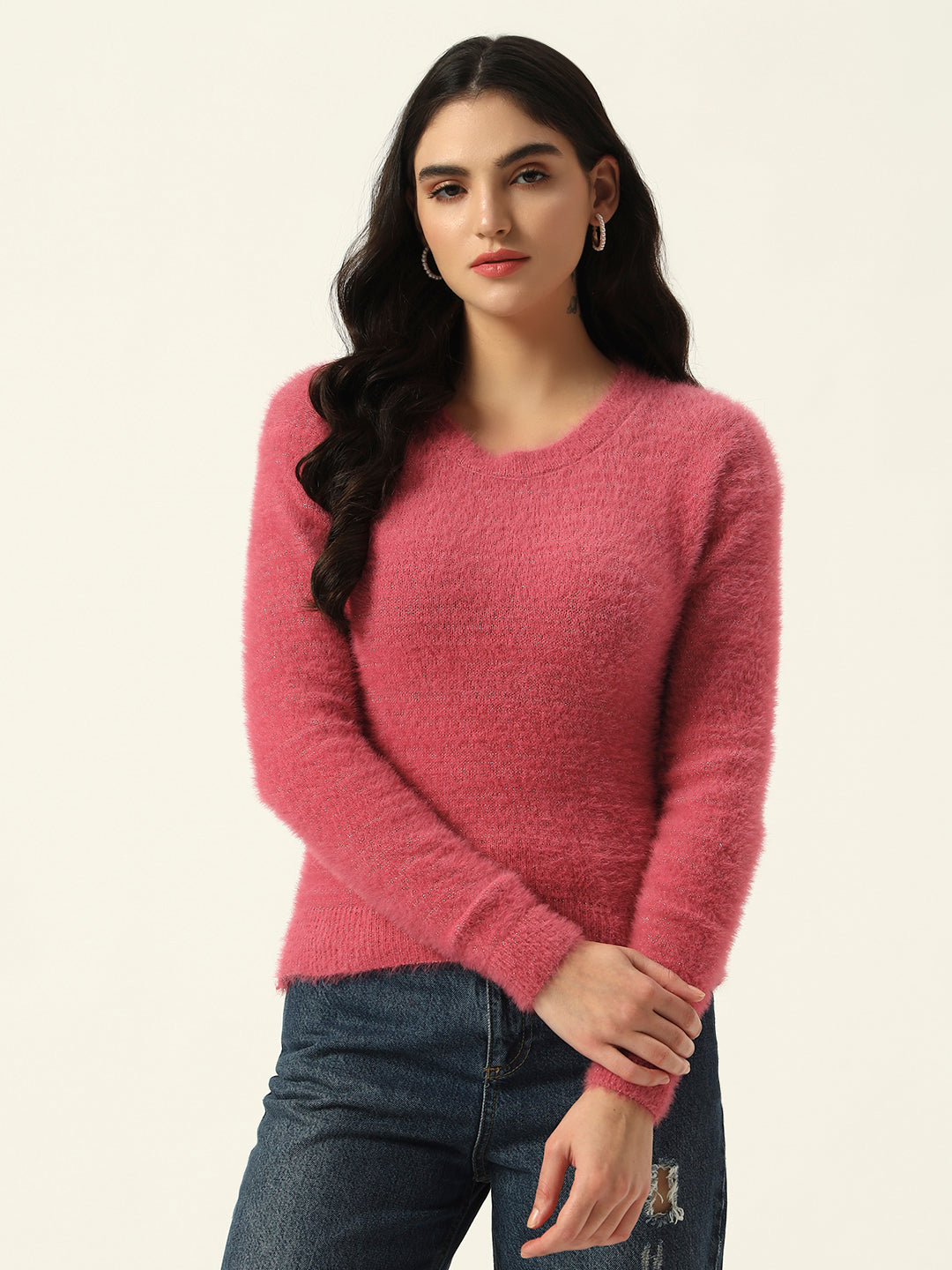 Beatnik Glitter Regular Full Sleeves Pull Over Women's Hot Pink Sweaters