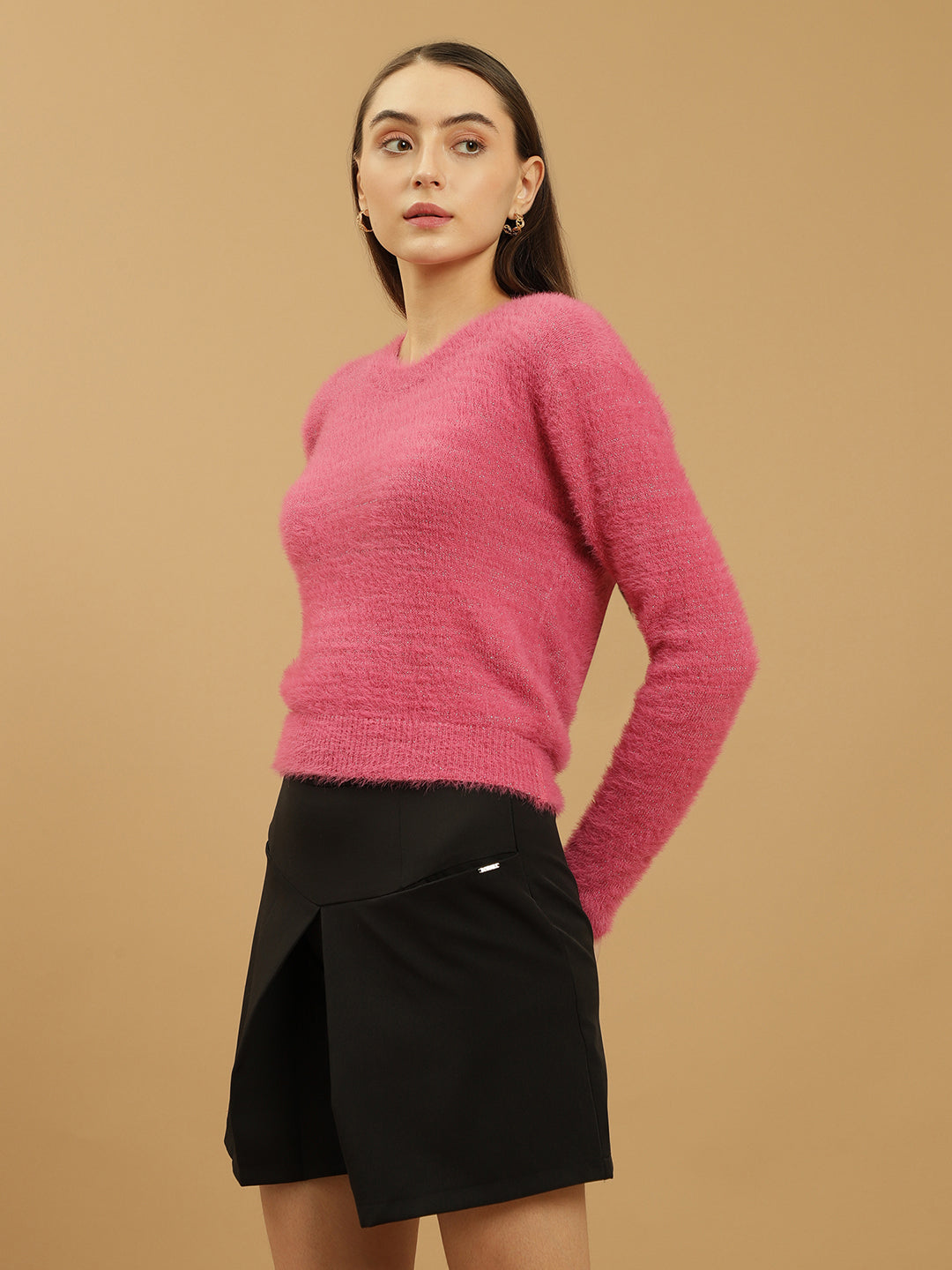 Beatnik Glitter Regular Full Sleeves Pull Over Women's Hot Pink Sweaters Beatnik India