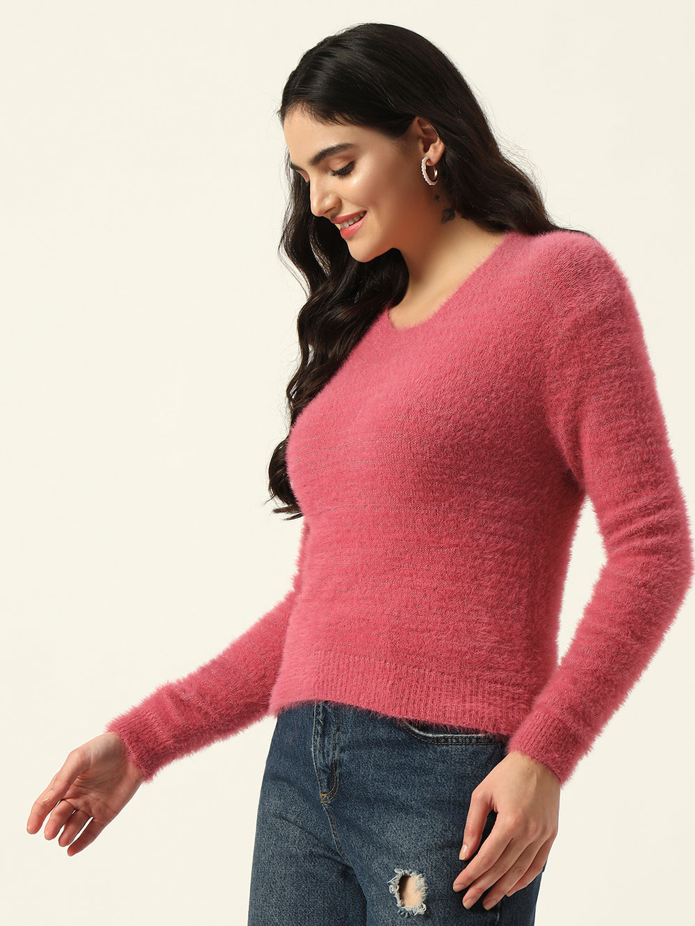 Beatnik Glitter Regular Full Sleeves Pull Over Women's Hot Pink Sweaters