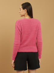 Beatnik Glitter Regular Full Sleeves Pull Over Women's Hot Pink Sweaters Beatnik India