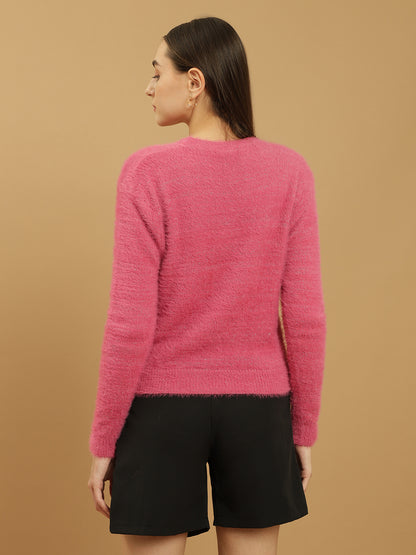 Beatnik Glitter Regular Full Sleeves Pull Over Women's Hot Pink Sweaters Beatnik India