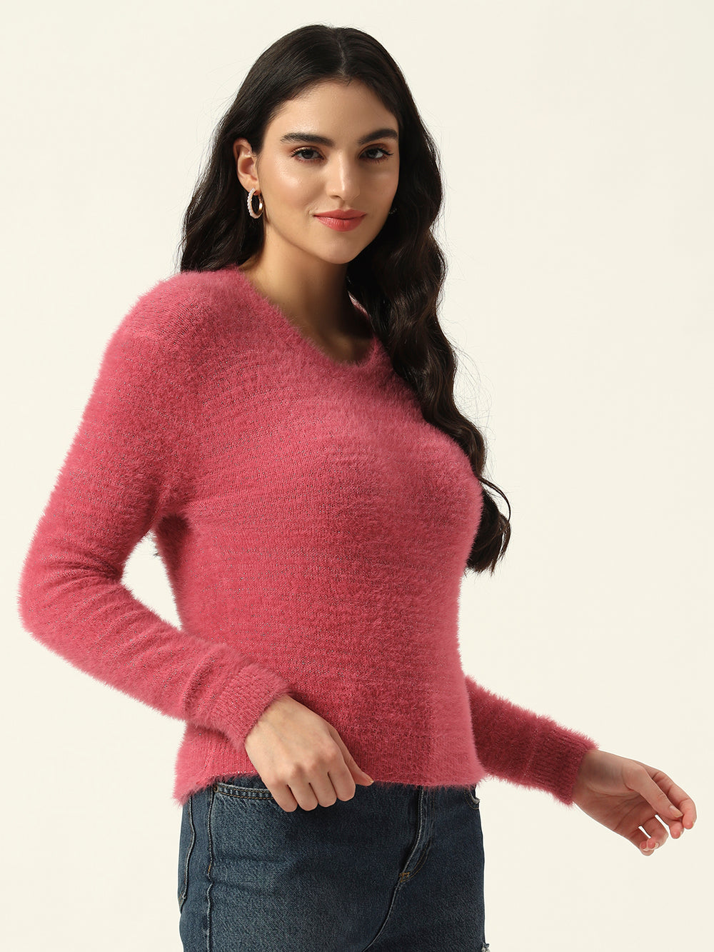 Beatnik Glitter Regular Full Sleeves Pull Over Women's Hot Pink Sweaters