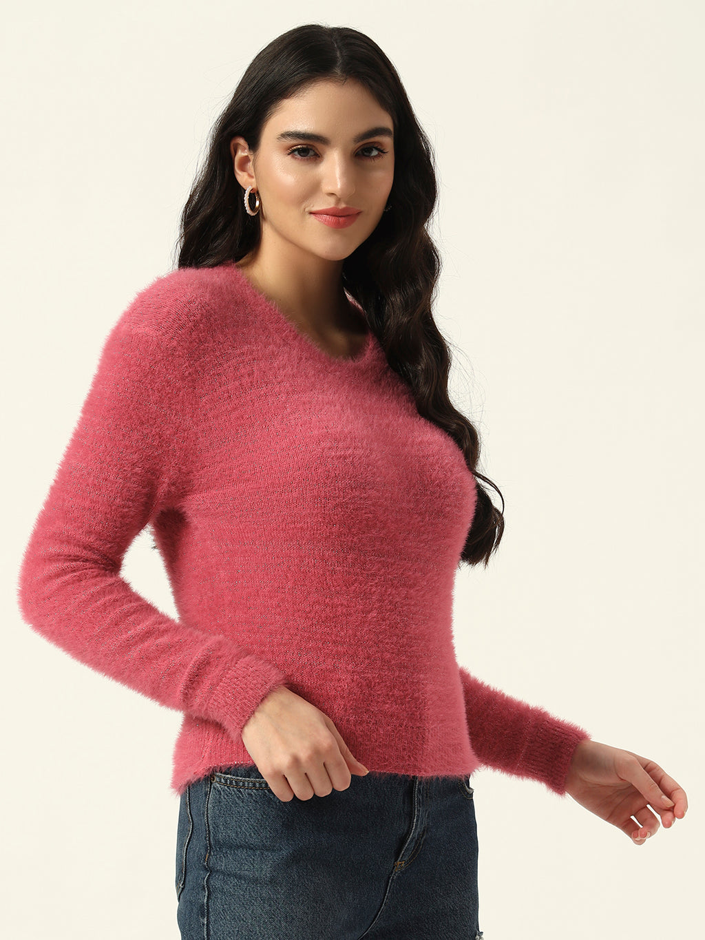 Beatnik Glitter Regular Full Sleeves Pull Over Women's Hot Pink Sweaters
