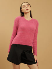 Beatnik Glitter Regular Full Sleeves Pull Over Women's Hot Pink Sweaters Beatnik India