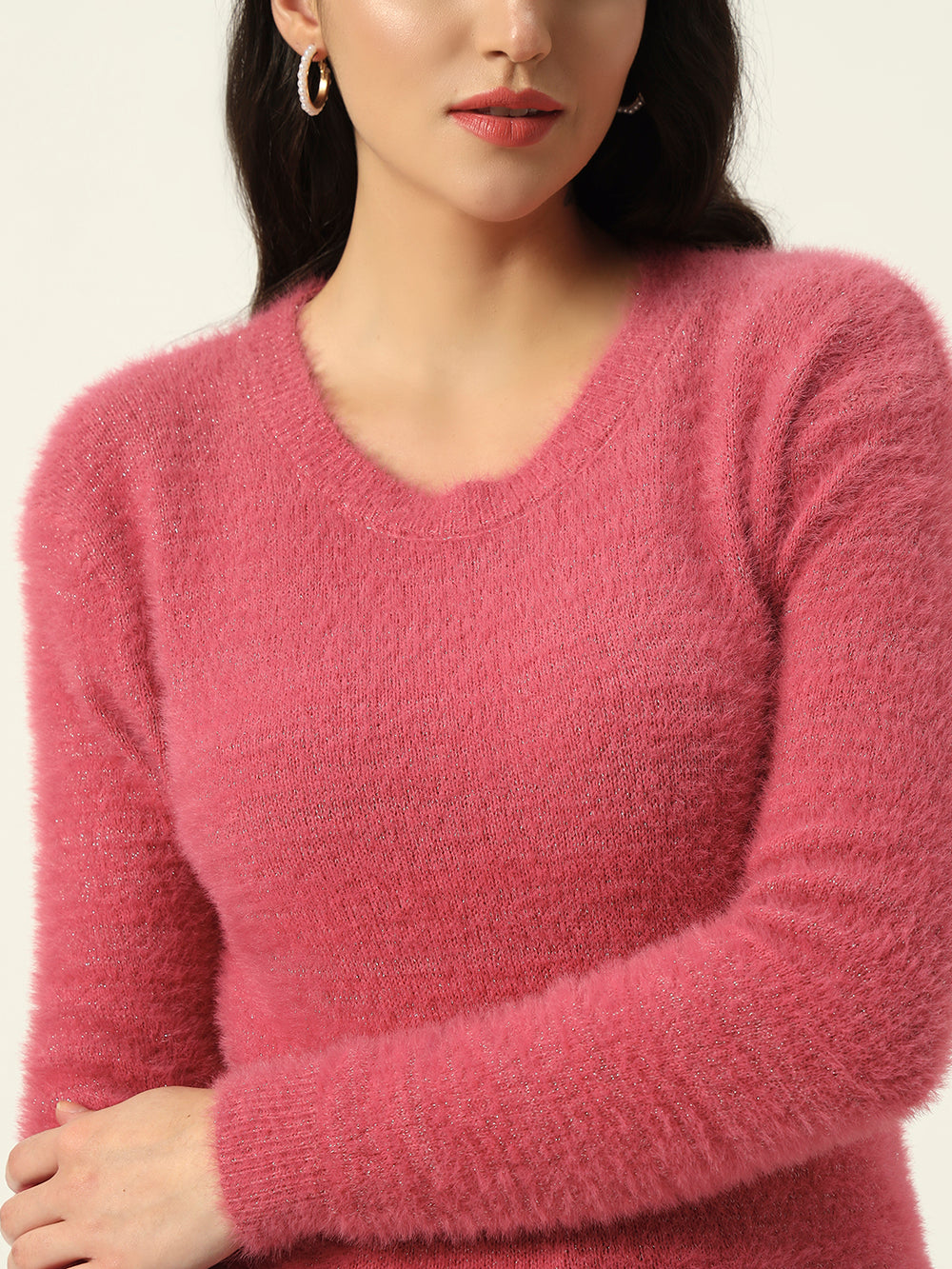 Beatnik Glitter Regular Full Sleeves Pull Over Women's Hot Pink Sweaters