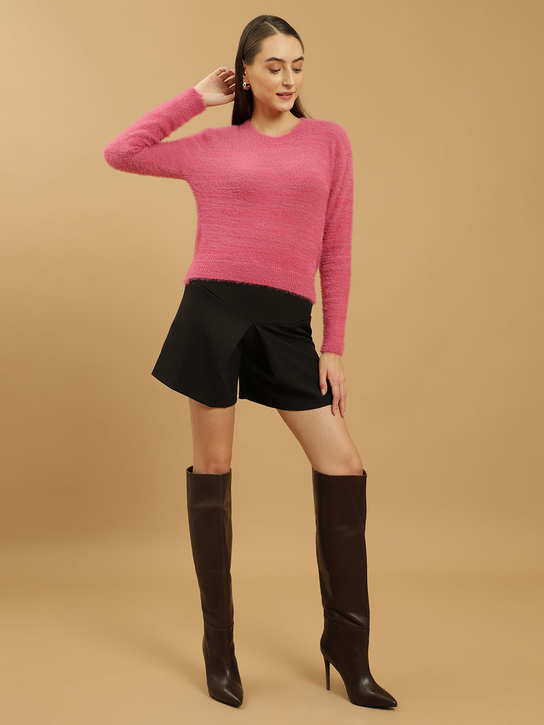 Beatnik Glitter Regular Full Sleeves Pull Over Women's Hot Pink Sweaters Beatnik India