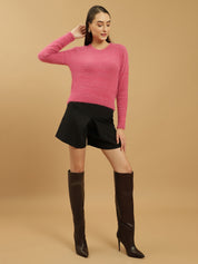 Beatnik Glitter Regular Full Sleeves Pull Over Women's Hot Pink Sweaters Beatnik India