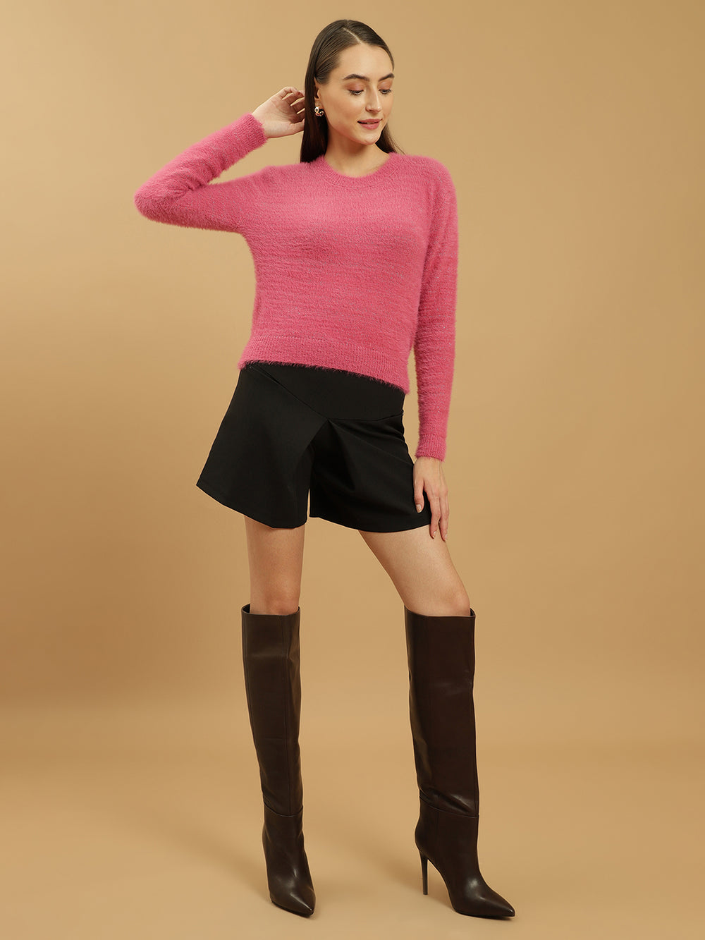 Beatnik Glitter Regular Full Sleeves Pull Over Women's Hot Pink Sweaters Beatnik India