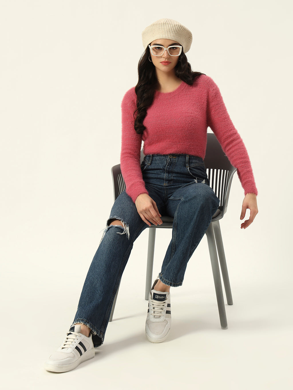 Beatnik Glitter Regular Full Sleeves Pull Over Women's Hot Pink Sweaters