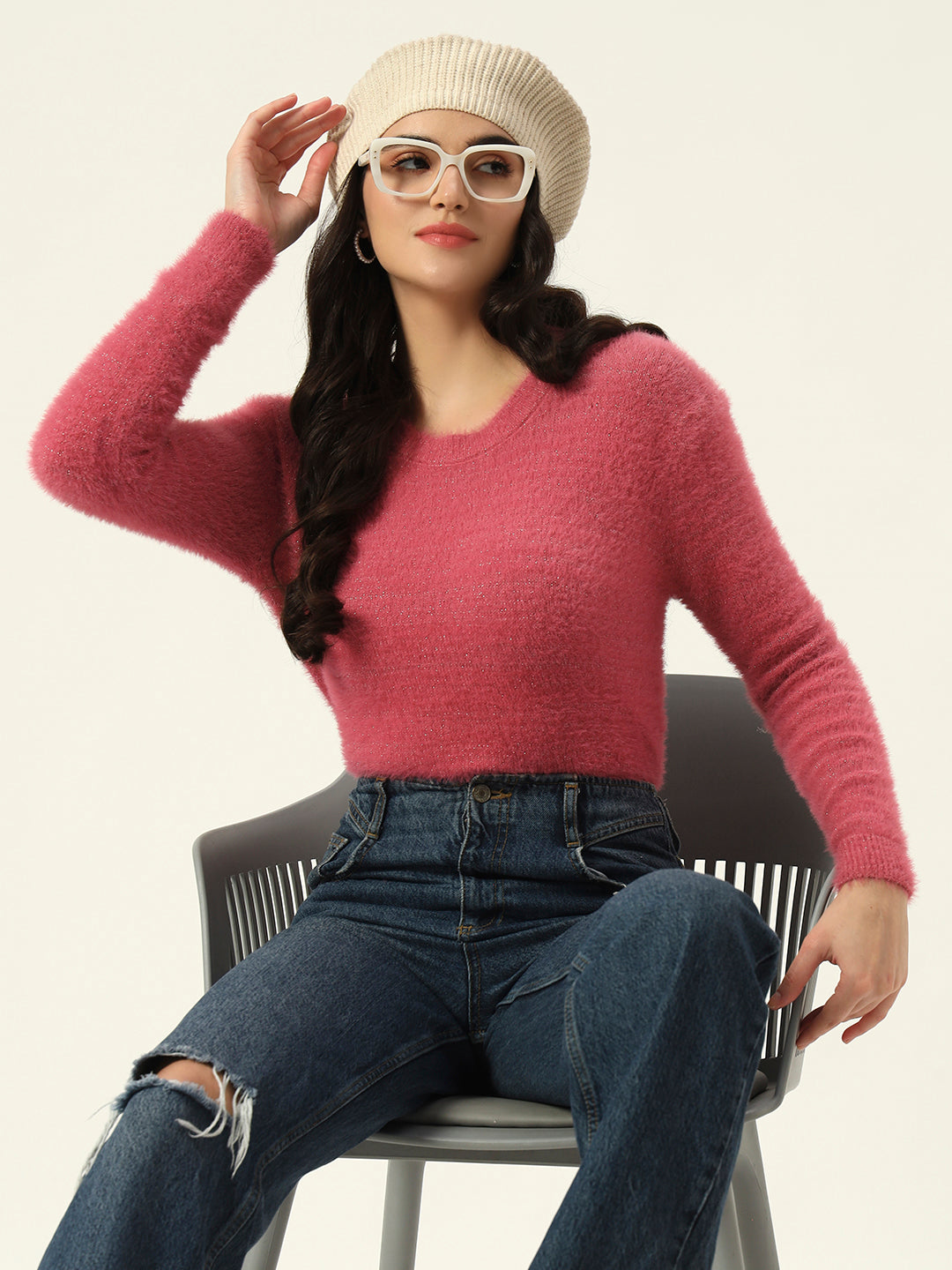 Beatnik Glitter Regular Full Sleeves Pull Over Women's Hot Pink Sweaters