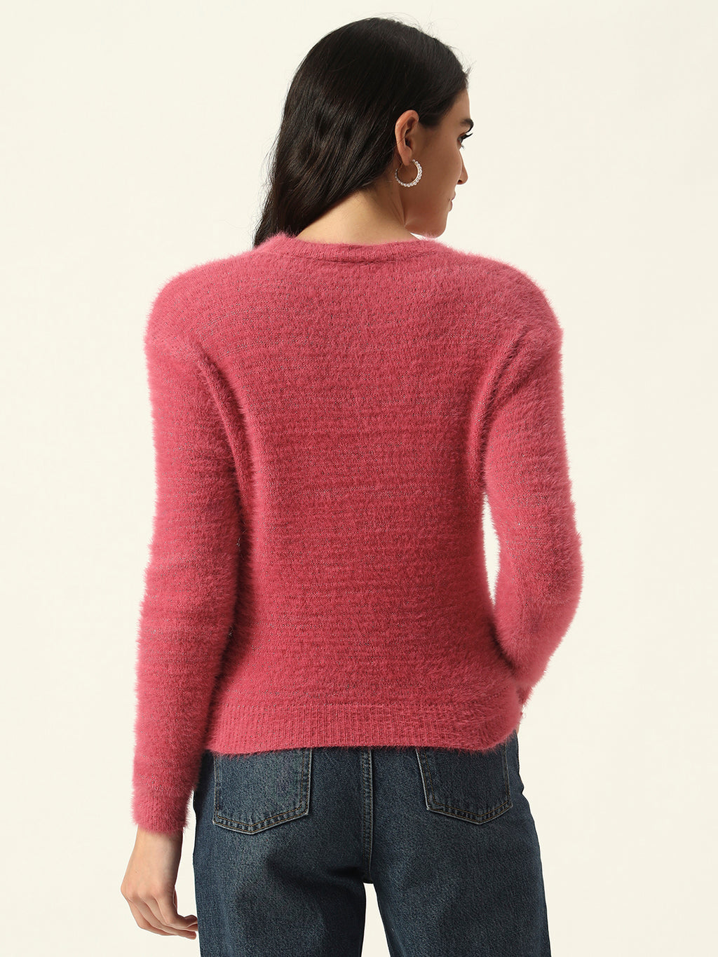 Beatnik Glitter Regular Full Sleeves Pull Over Women's Hot Pink Sweaters