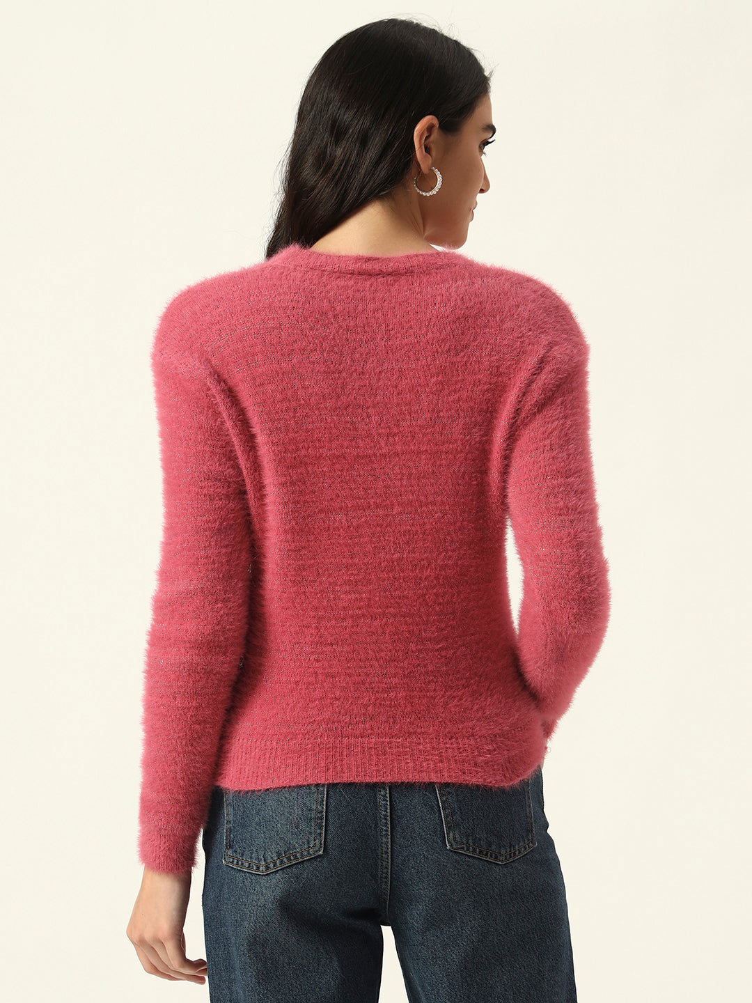 Beatnik Glitter Regular Full Sleeves Pull Over Women's Hot Pink Sweaters