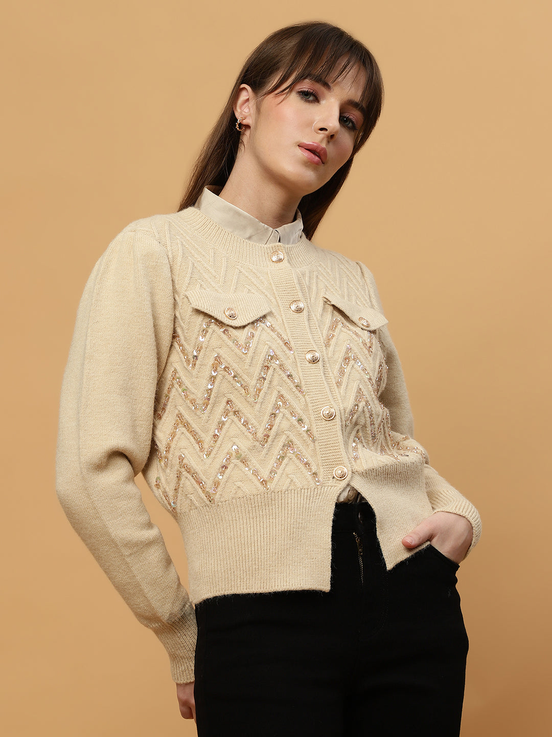 Beatnik Full Sleeves Front Open Abstract Sequins Womens Beige Sweaters Beatnik India