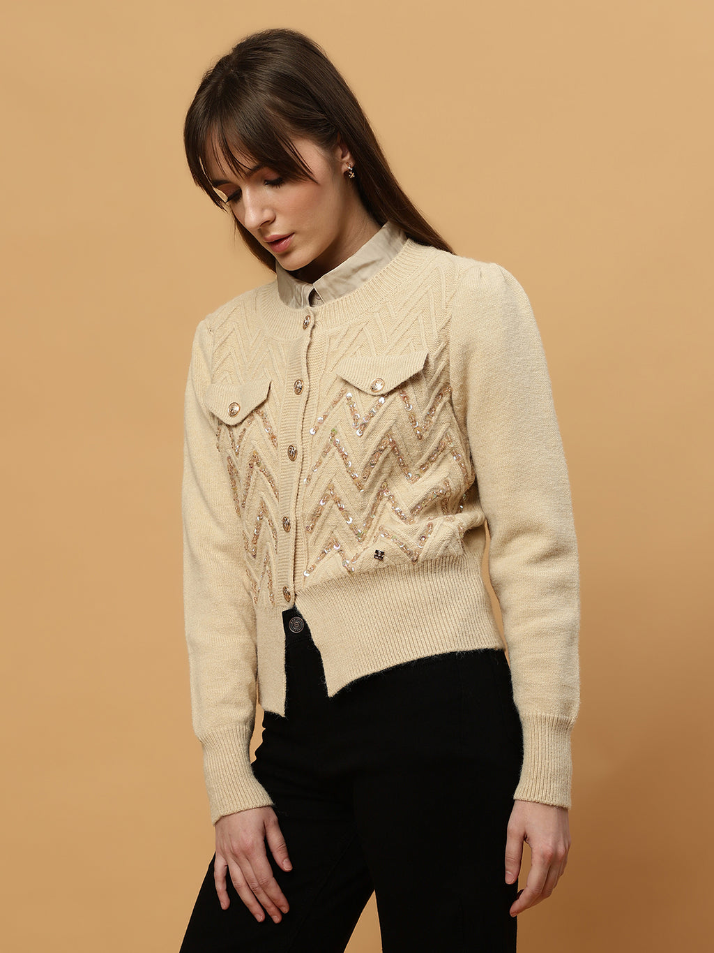 Beatnik Full Sleeves Front Open Abstract Sequins Womens Beige Sweaters Beatnik India
